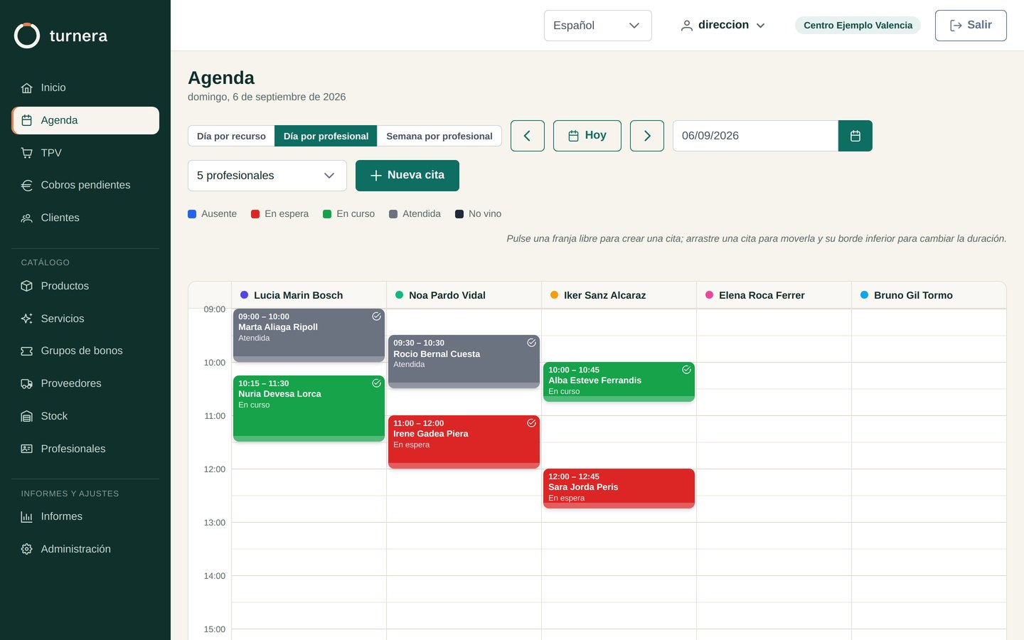 La agenda de un día repartida en columnas por profesional, con el estado de cada cita en color